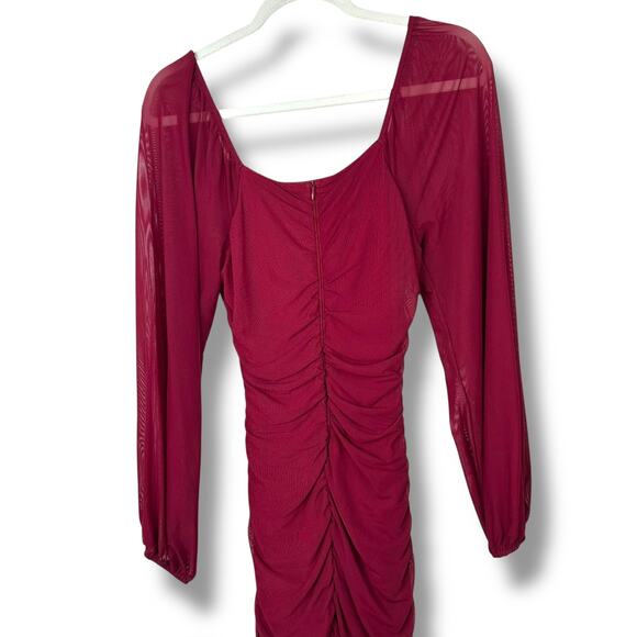 MEROKEETY Wine Red Ruched Bodycon Puff Sleeve Mesh Cocktail Party Midi Dress - Picture 7 of 13